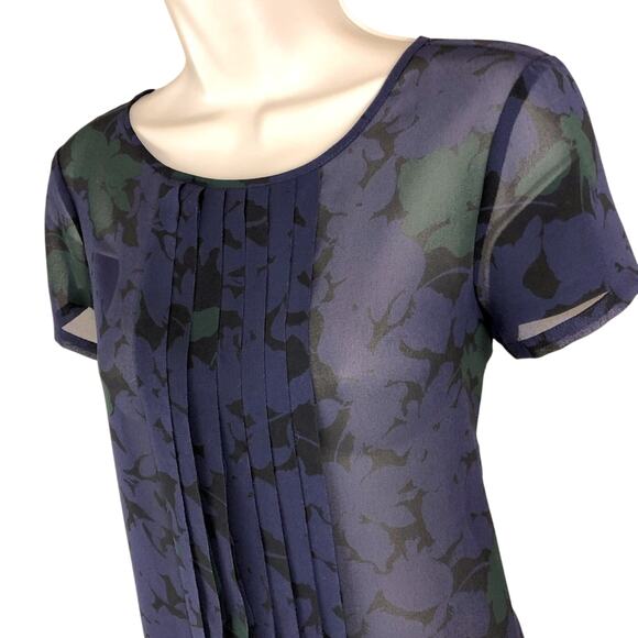 Ann Taylor Loft Purple Black Green Floral Short Sleeve Top Feminine Ruffle Front - Picture 5 of 16